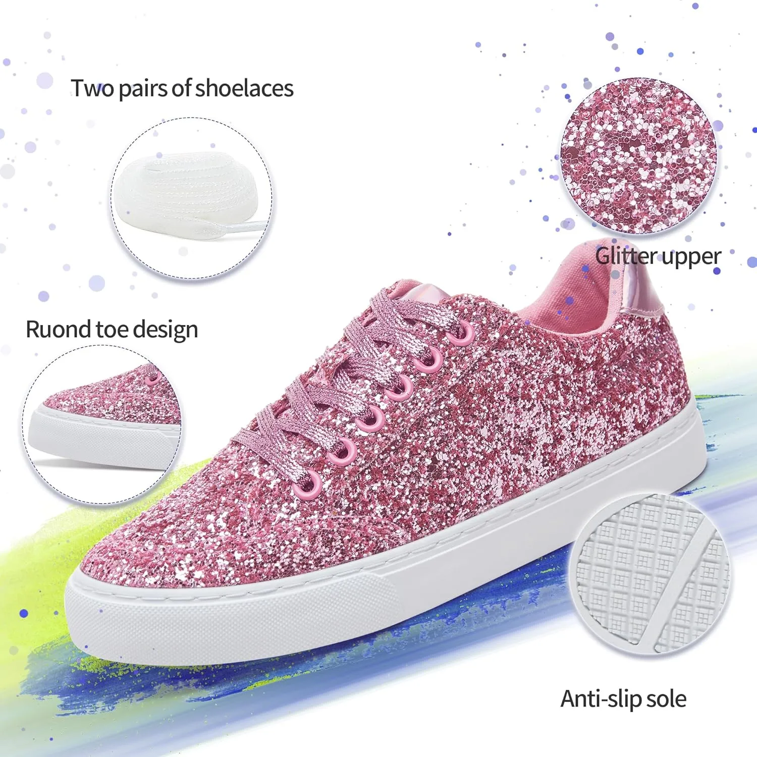 Jeekopeg Glitter Sparkly Fashion Sneakers Shoes Shiny Casual Shoes Bling Sequin Concert Low Cut Lace up Shoes