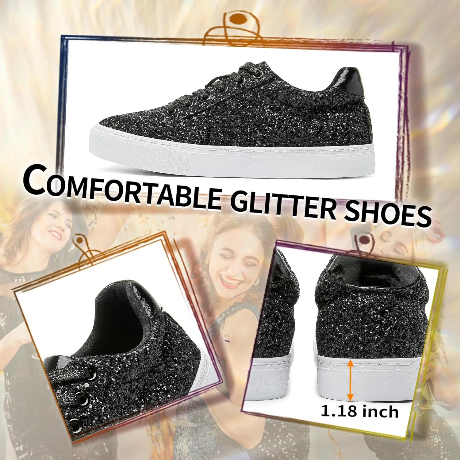 Jeekopeg Glitter Sparkly Fashion Sneakers Shoes Shiny Casual Shoes Bling Sequin Concert Low Cut Lace up Shoes