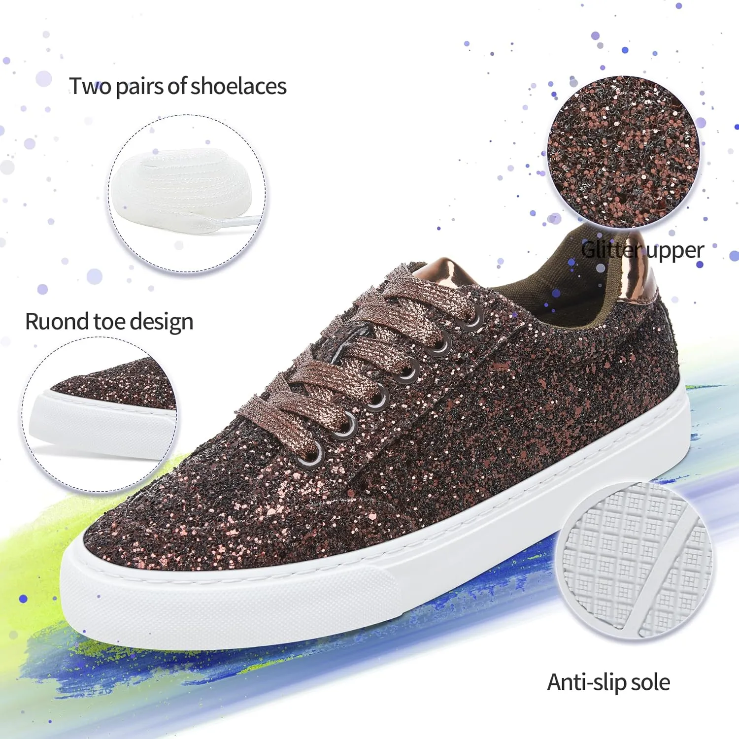 Jeekopeg Glitter Sparkly Fashion Sneakers Shoes Shiny Casual Shoes Bling Sequin Concert Low Cut Lace up Shoes
