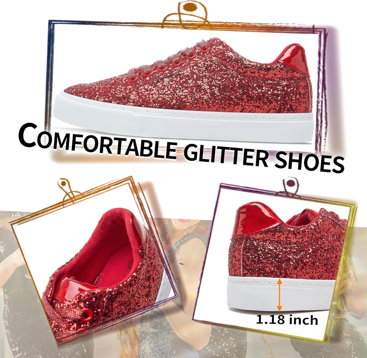 Jeekopeg Glitter Sparkly Fashion Sneakers Shoes Shiny Casual Shoes Bling Sequin Concert Low Cut Lace up Shoes