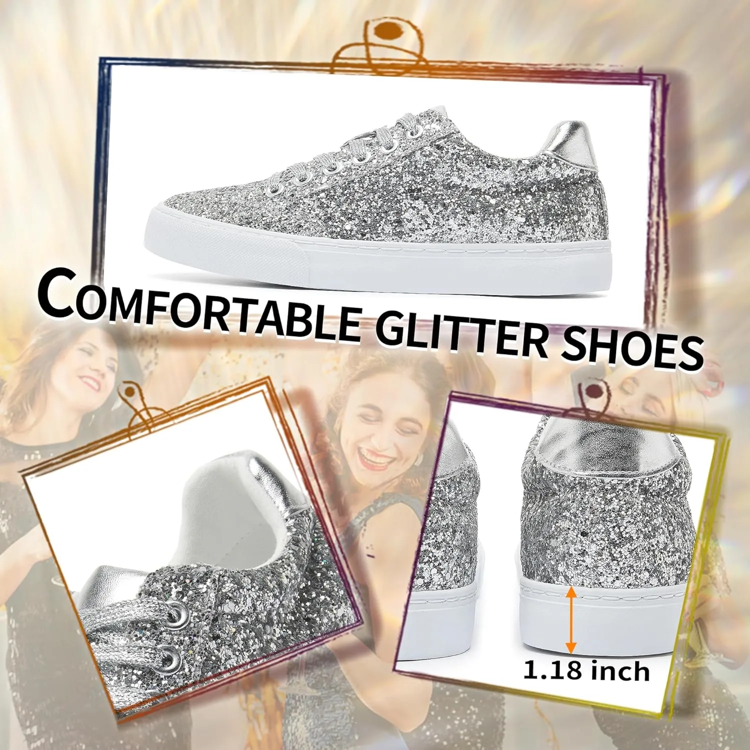 Jeekopeg Glitter Sparkly Fashion Sneakers Shoes Shiny Casual Shoes Bling Sequin Concert Low Cut Lace up Shoes