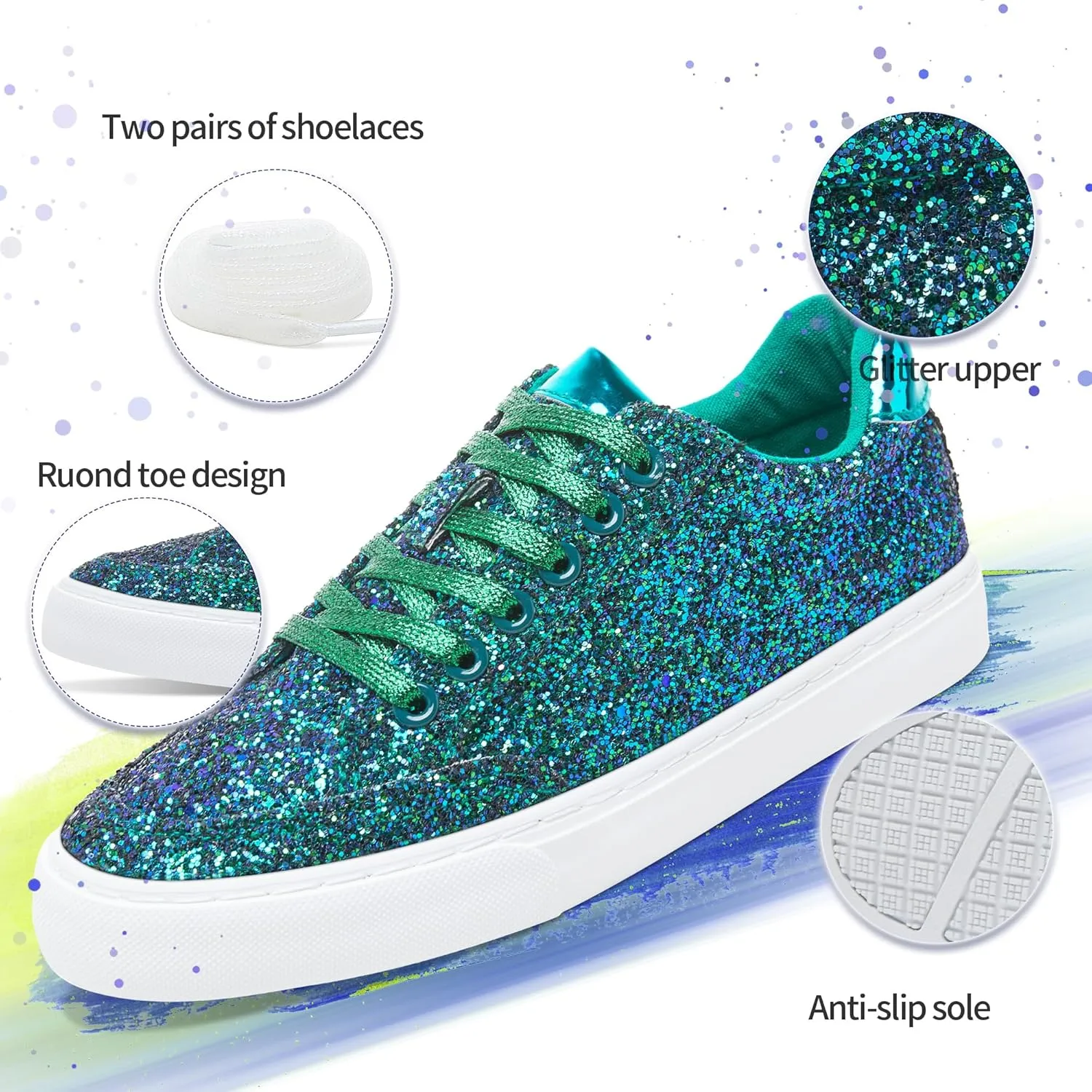 Jeekopeg Glitter Sparkly Fashion Sneakers Shoes Shiny Casual Shoes Bling Sequin Concert Low Cut Lace up Shoes