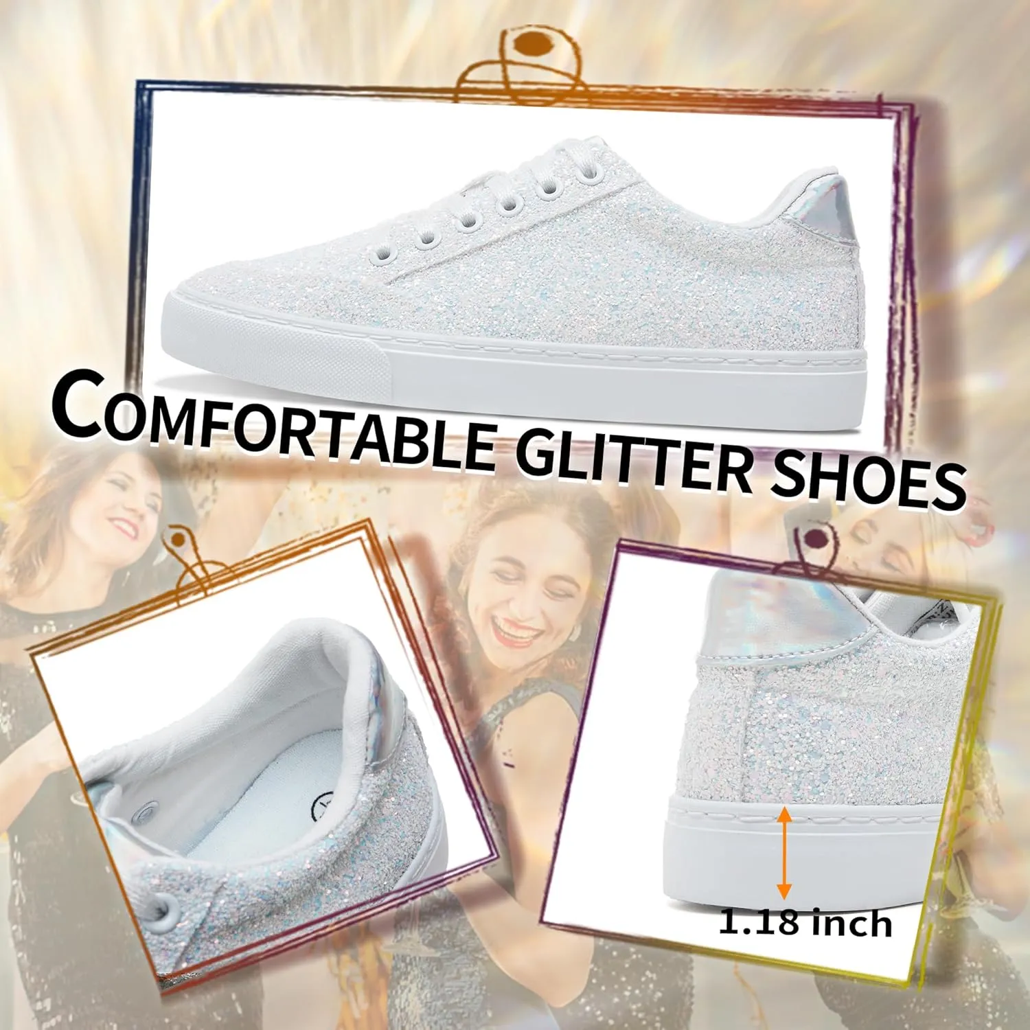 Jeekopeg Glitter Sparkly Fashion Sneakers Shoes Shiny Casual Shoes Bling Sequin Concert Low Cut Lace up Shoes
