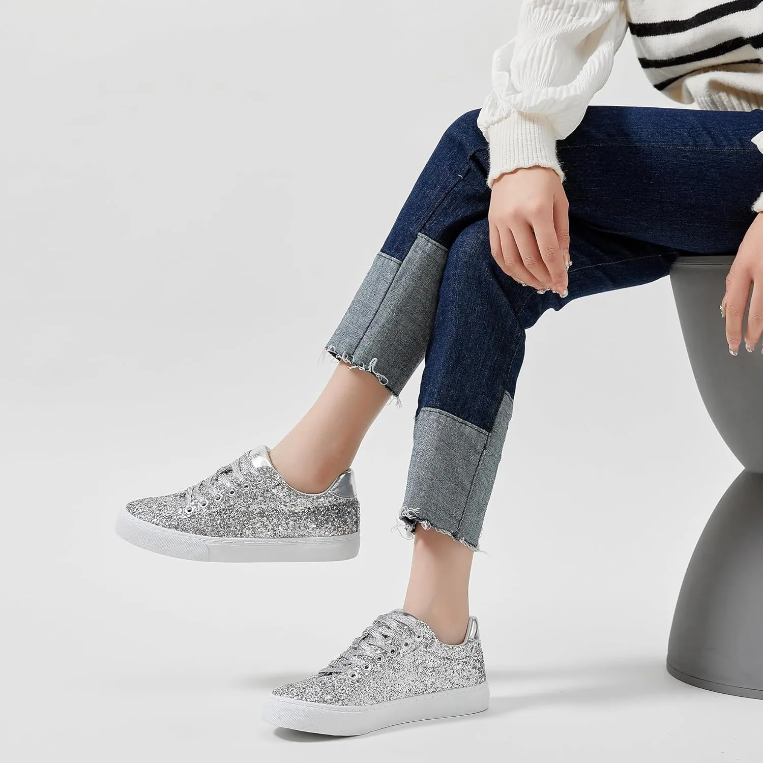 Jeekopeg Glitter Sparkly Fashion Sneakers Shoes Shiny Casual Shoes Bling Sequin Concert Low Cut Lace up Shoes
