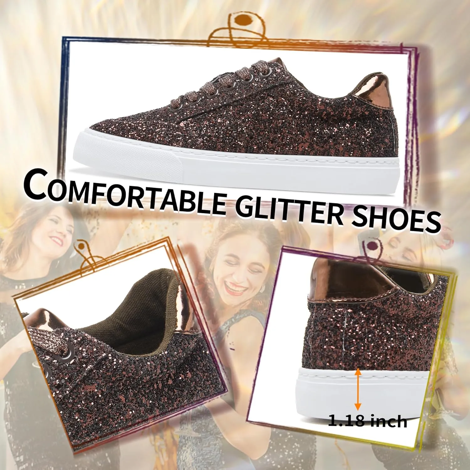 Jeekopeg Glitter Sparkly Fashion Sneakers Shoes Shiny Casual Shoes Bling Sequin Concert Low Cut Lace up Shoes