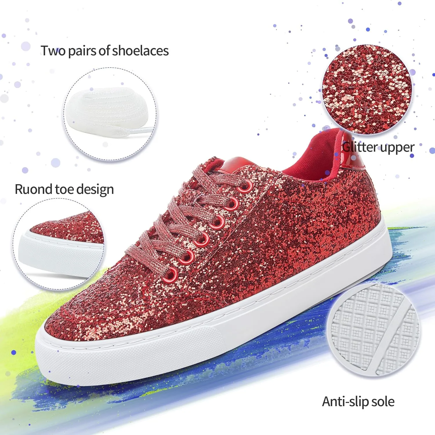 Jeekopeg Glitter Sparkly Fashion Sneakers Shoes Shiny Casual Shoes Bling Sequin Concert Low Cut Lace up Shoes