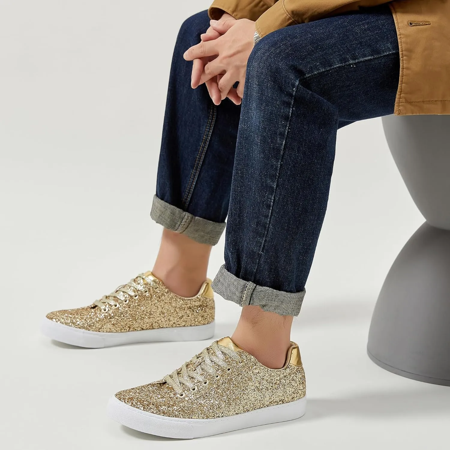 Jeekopeg Glitter Sparkly Fashion Sneakers Shoes Shiny Casual Shoes Bling Sequin Concert Low Cut Lace up Shoes