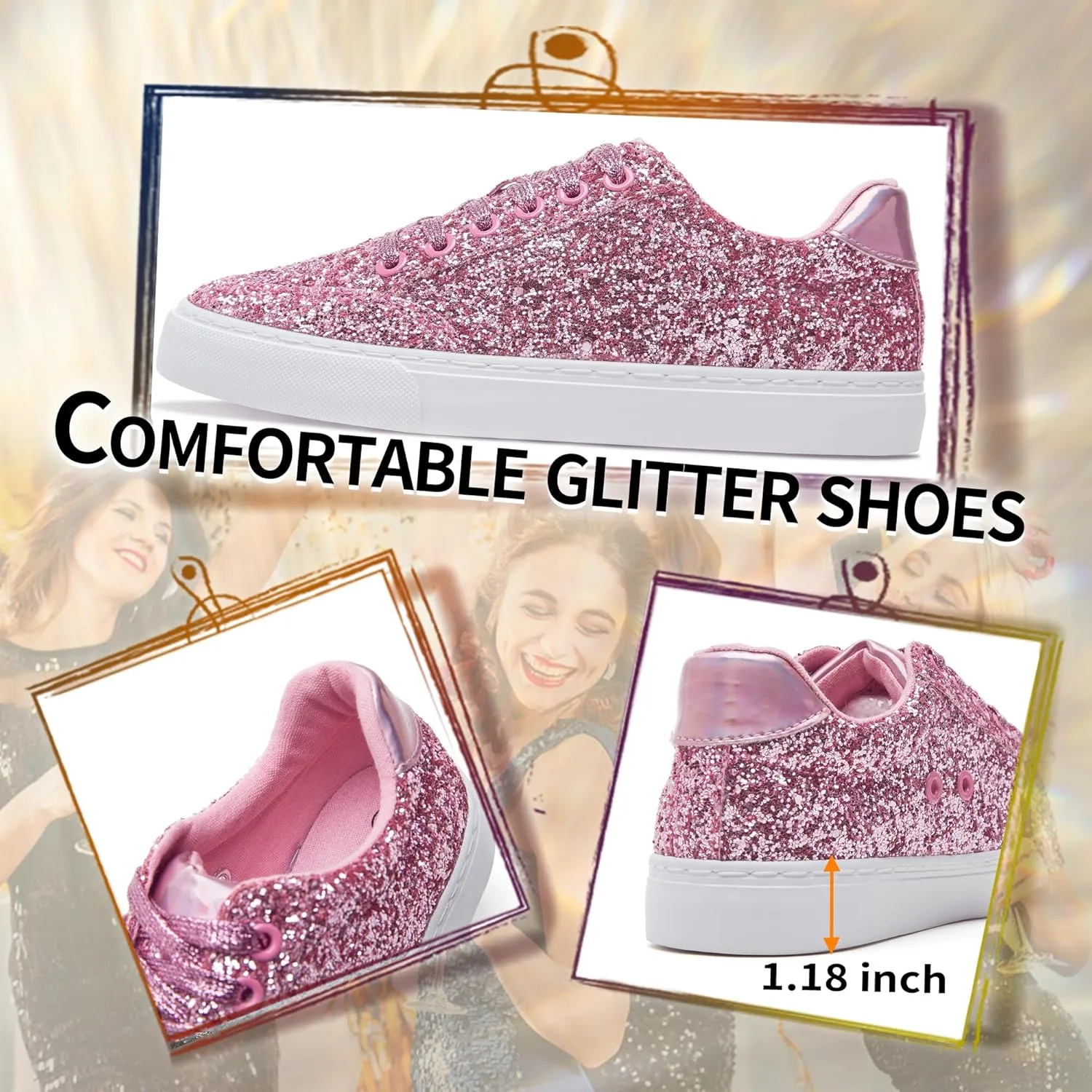 Jeekopeg Glitter Sparkly Fashion Sneakers Shoes Shiny Casual Shoes Bling Sequin Concert Low Cut Lace up Shoes