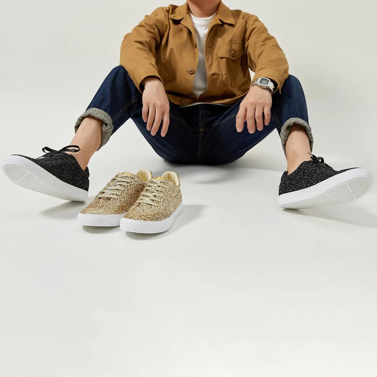 Jeekopeg Glitter Sparkly Fashion Sneakers Shoes Shiny Casual Shoes Bling Sequin Concert Low Cut Lace up Shoes