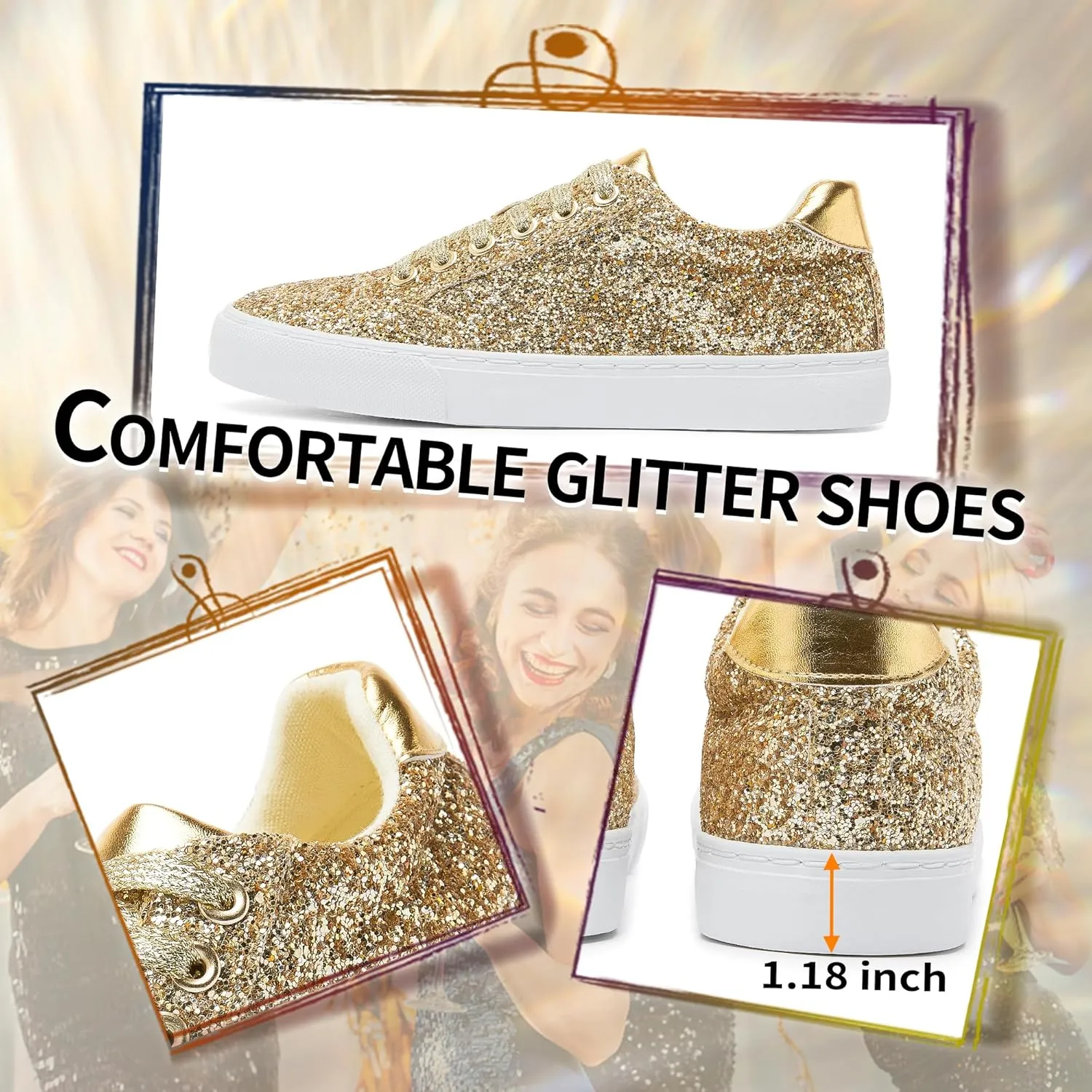 Jeekopeg Glitter Sparkly Fashion Sneakers Shoes Shiny Casual Shoes Bling Sequin Concert Low Cut Lace up Shoes