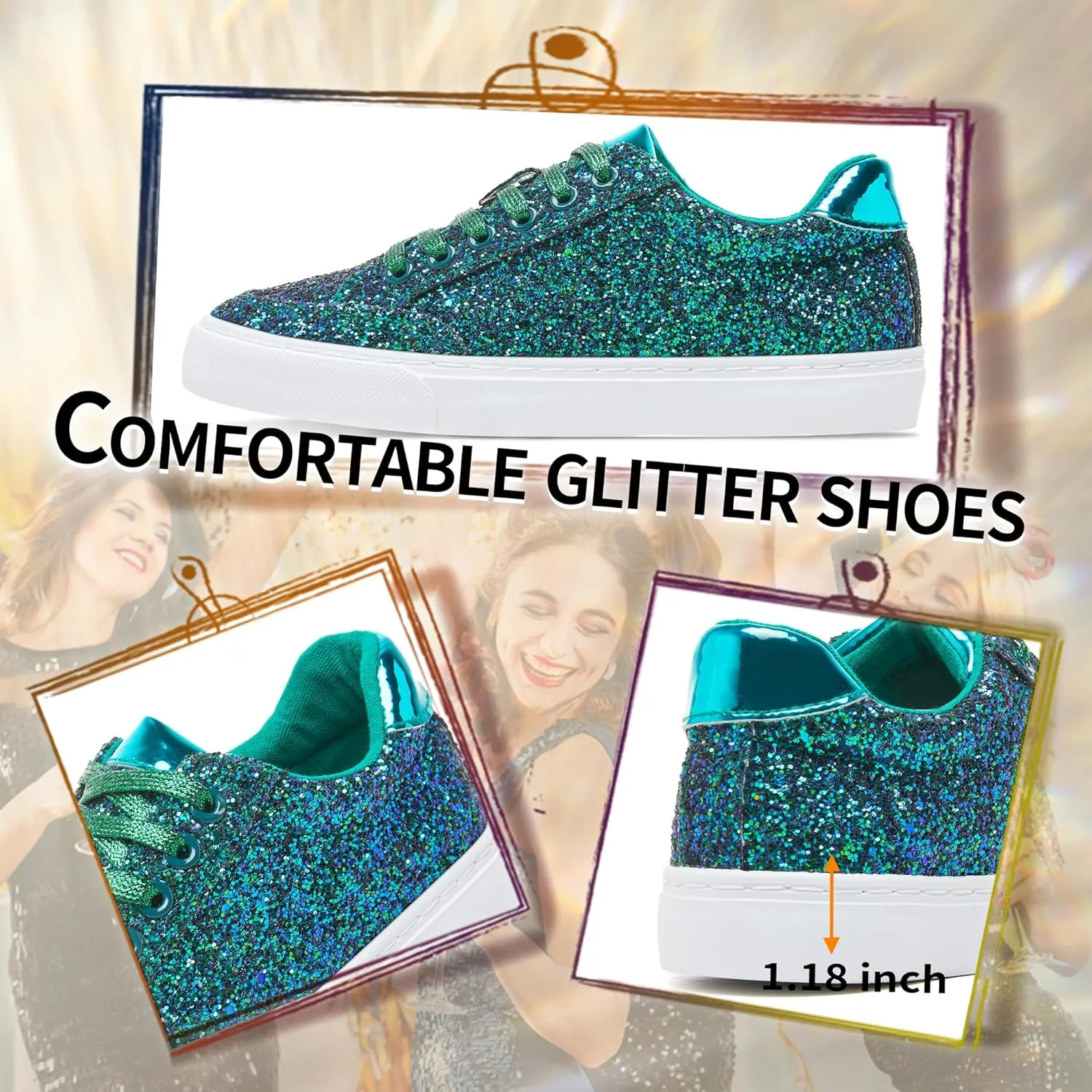Jeekopeg Glitter Sparkly Fashion Sneakers Shoes Shiny Casual Shoes Bling Sequin Concert Low Cut Lace up Shoes