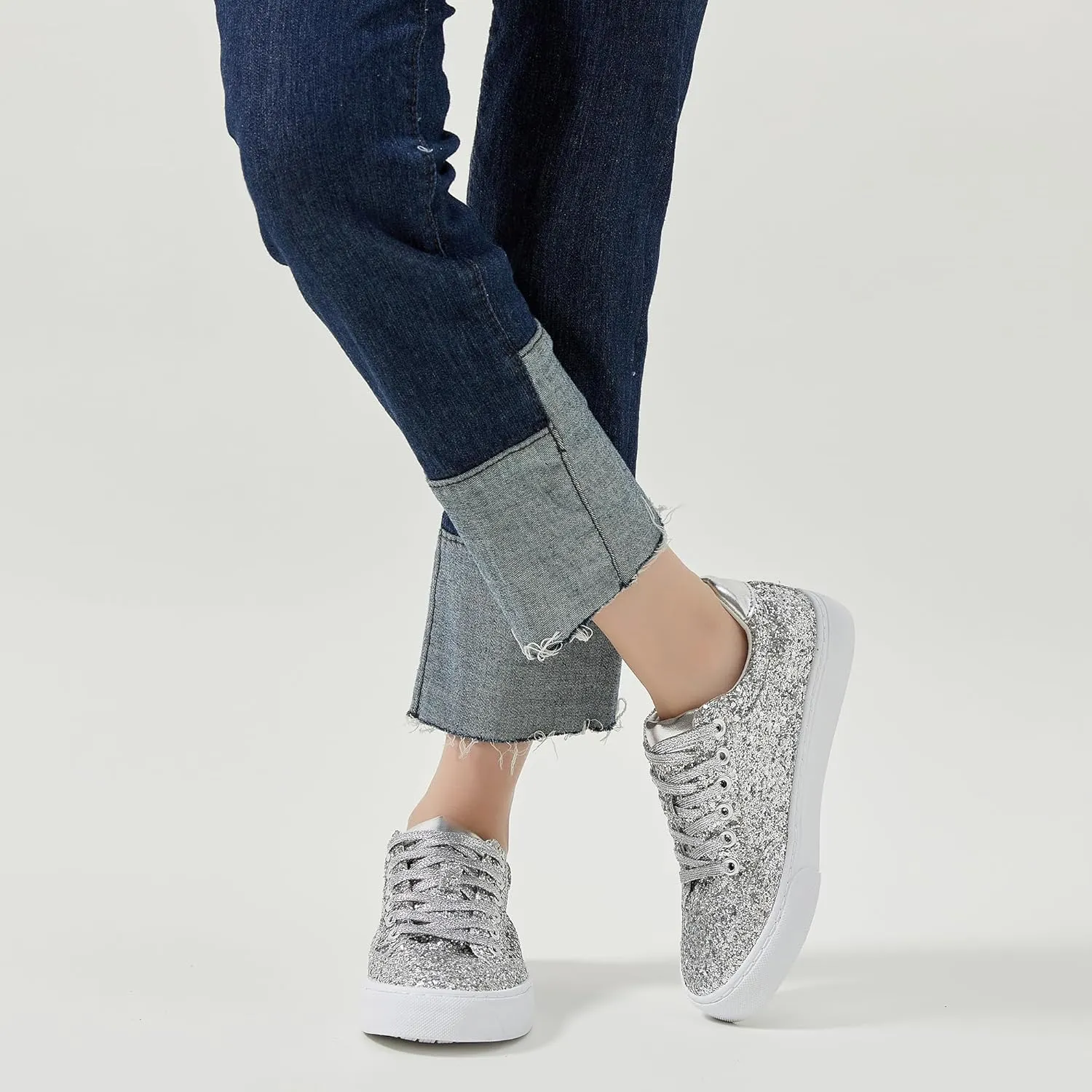 Jeekopeg Glitter Sparkly Fashion Sneakers Shoes Shiny Casual Shoes Bling Sequin Concert Low Cut Lace up Shoes