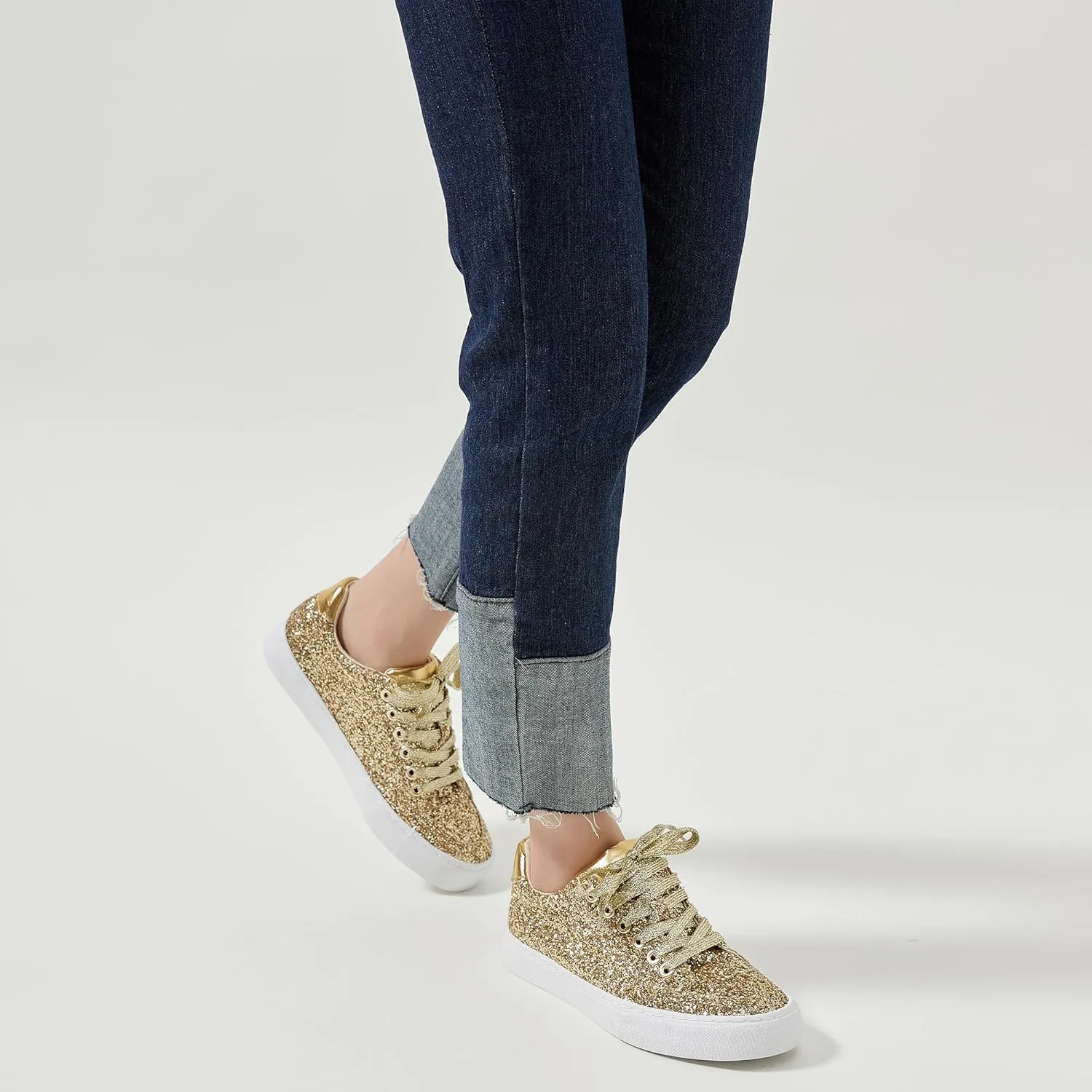 Jeekopeg Glitter Sparkly Fashion Sneakers Shoes Shiny Casual Shoes Bling Sequin Concert Low Cut Lace up Shoes