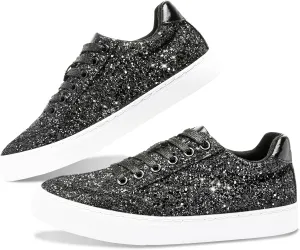 Jeekopeg Glitter Sparkly Fashion Sneakers Shoes Shiny Casual Shoes Bling Sequin Concert Low Cut Lace up Shoes
