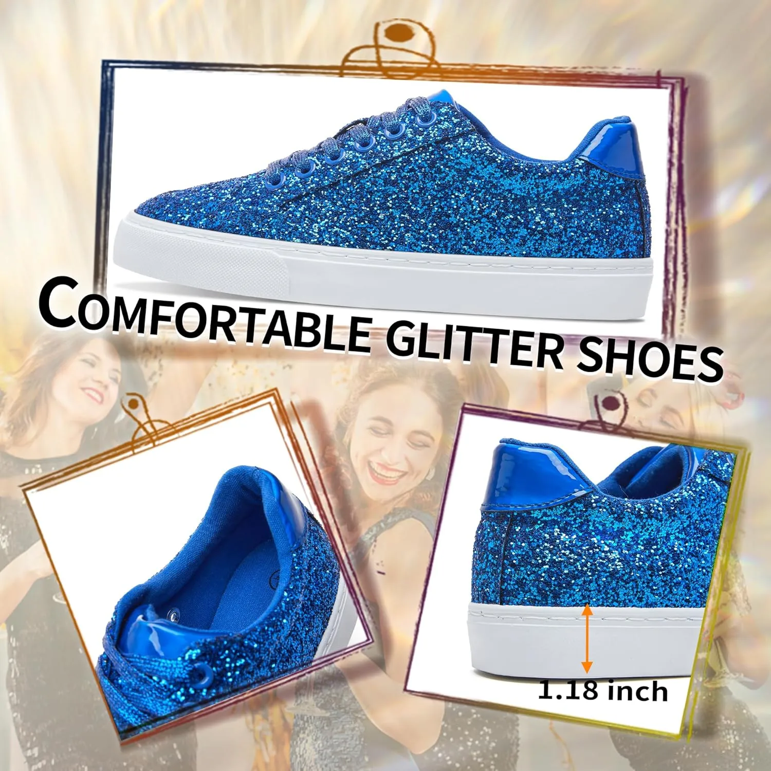 Jeekopeg Glitter Sparkly Fashion Sneakers Shoes Shiny Casual Shoes Bling Sequin Concert Low Cut Lace up Shoes