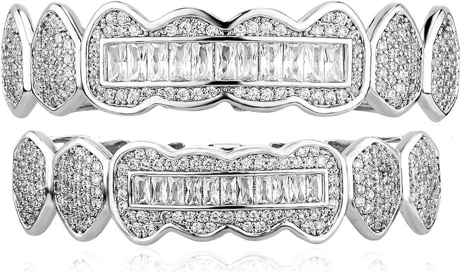 JINAO 8 Tooth Grillz 14K Gold Plated Iced Out Baguette Round Simulated Diamond Grills for Your Teeth for Men Women