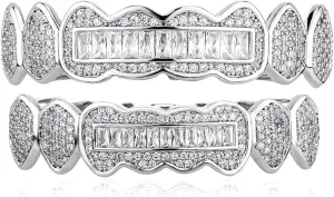 JINAO 8 Tooth Grillz 14K Gold Plated Iced Out Baguette Round Simulated Diamond Grills for Your Teeth for Men Women