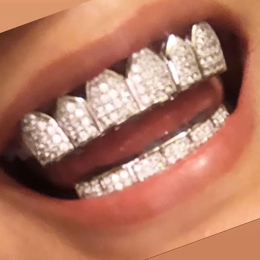 JINAO Grillz Diamond Grills for Your Teeth for Men Women 18K Gold Plated Iced Out Macro Pave Cubic Zirconia Mouth Grill with Extra Molding Bars Included