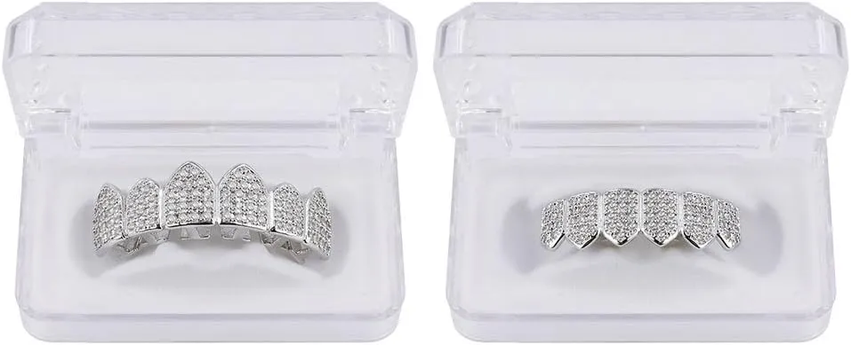 JINAO Grillz Diamond Grills for Your Teeth for Men Women 18K Gold Plated Iced Out Macro Pave Cubic Zirconia Mouth Grill with Extra Molding Bars Included