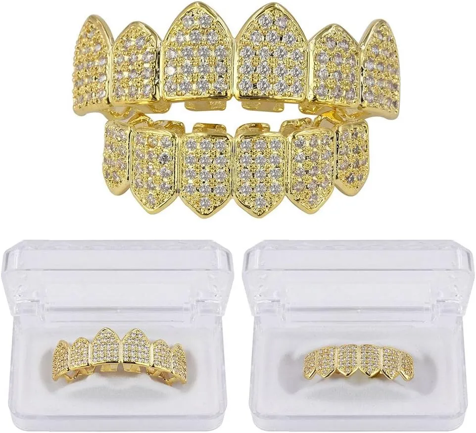 JINAO Grillz Diamond Grills for Your Teeth for Men Women 18K Gold Plated Iced Out Macro Pave Cubic Zirconia Mouth Grill with Extra Molding Bars Included