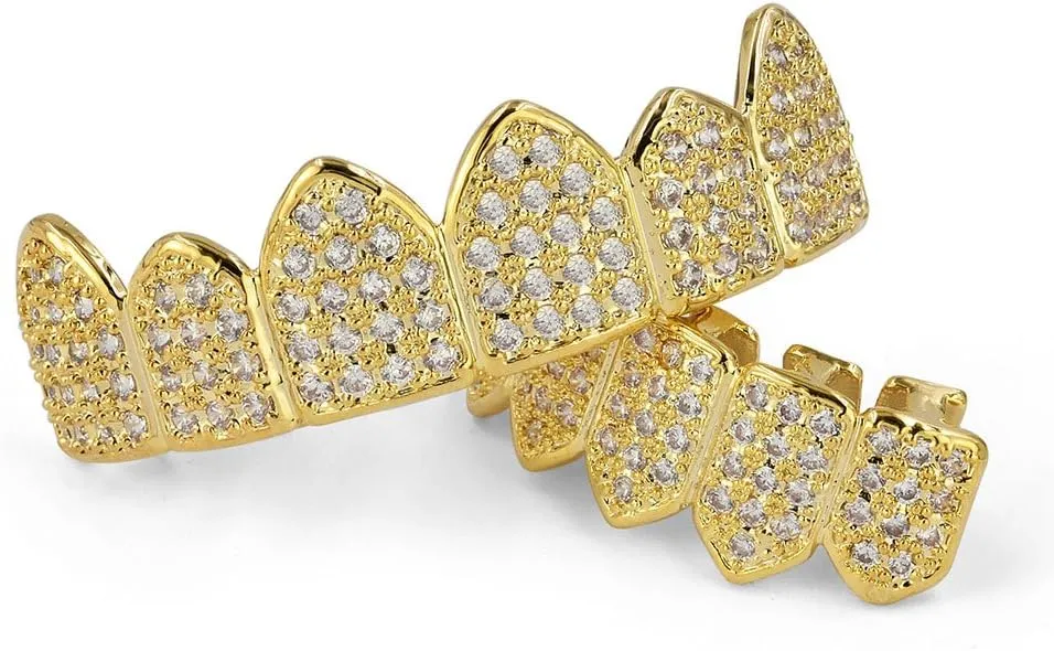 JINAO Grillz Diamond Grills for Your Teeth for Men Women 18K Gold Plated Iced Out Macro Pave Cubic Zirconia Mouth Grill with Extra Molding Bars Included