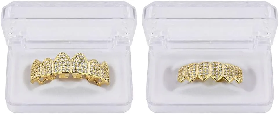 JINAO Grillz Diamond Grills for Your Teeth for Men Women 18K Gold Plated Iced Out Macro Pave Cubic Zirconia Mouth Grill with Extra Molding Bars Included