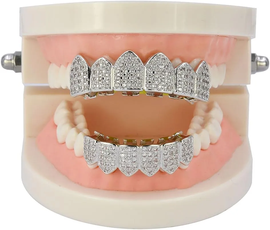 JINAO Grillz Diamond Grills for Your Teeth for Men Women 18K Gold Plated Iced Out Macro Pave Cubic Zirconia Mouth Grill with Extra Molding Bars Included