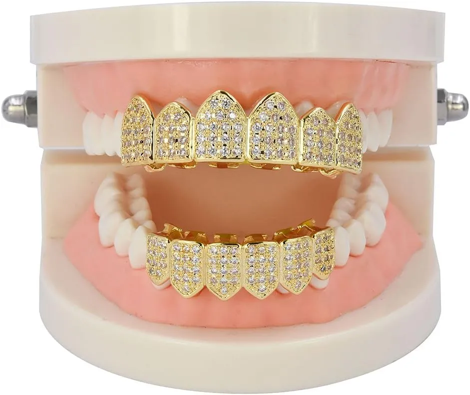 JINAO Grillz Diamond Grills for Your Teeth for Men Women 18K Gold Plated Iced Out Macro Pave Cubic Zirconia Mouth Grill with Extra Molding Bars Included