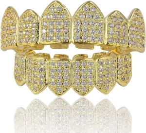 JINAO Grillz Diamond Grills for Your Teeth for Men Women 18K Gold Plated Iced Out Macro Pave Cubic Zirconia Mouth Grill with Extra Molding Bars Included