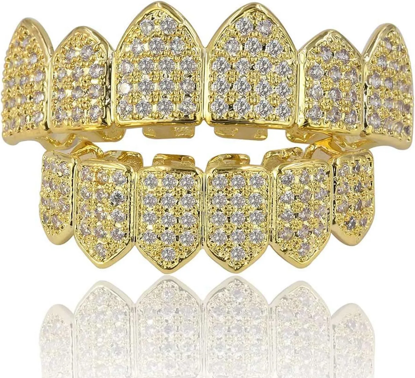 JINAO Grillz Diamond Grills for Your Teeth for Men Women 18K Gold Plated Iced Out Macro Pave Cubic Zirconia Mouth Grill with Extra Molding Bars Included