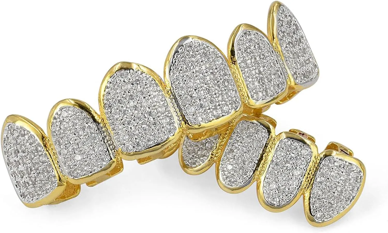 JINAO Grillz Grills for Your Teeth Simulated Diamond Teeth Grillz with Extra Molding Bars Included 18K Gold Plated All Iced Out Cubic Zirconia Golden Teeth for Men Women