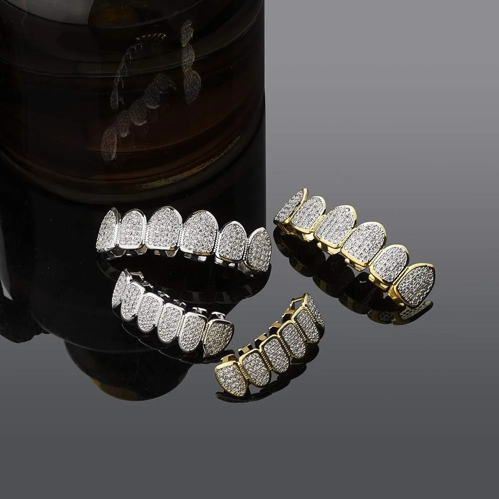 JINAO Grillz Grills for Your Teeth Simulated Diamond Teeth Grillz with Extra Molding Bars Included 18K Gold Plated All Iced Out Cubic Zirconia Golden Teeth for Men Women
