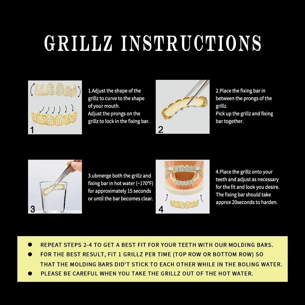 JINAO Grillz Grills for Your Teeth Simulated Diamond Teeth Grillz with Extra Molding Bars Included 18K Gold Plated All Iced Out Cubic Zirconia Golden Teeth for Men Women