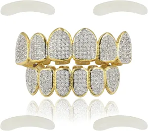 JINAO Grillz Grills for Your Teeth Simulated Diamond Teeth Grillz with Extra Molding Bars Included 18K Gold Plated All Iced Out Cubic Zirconia Golden Teeth for Men Women