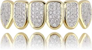 JINAO Grillz Grills for Your Teeth Simulated Diamond Teeth Grillz with Extra Molding Bars Included 18K Gold Plated All Iced Out Cubic Zirconia Golden Teeth for Men Women