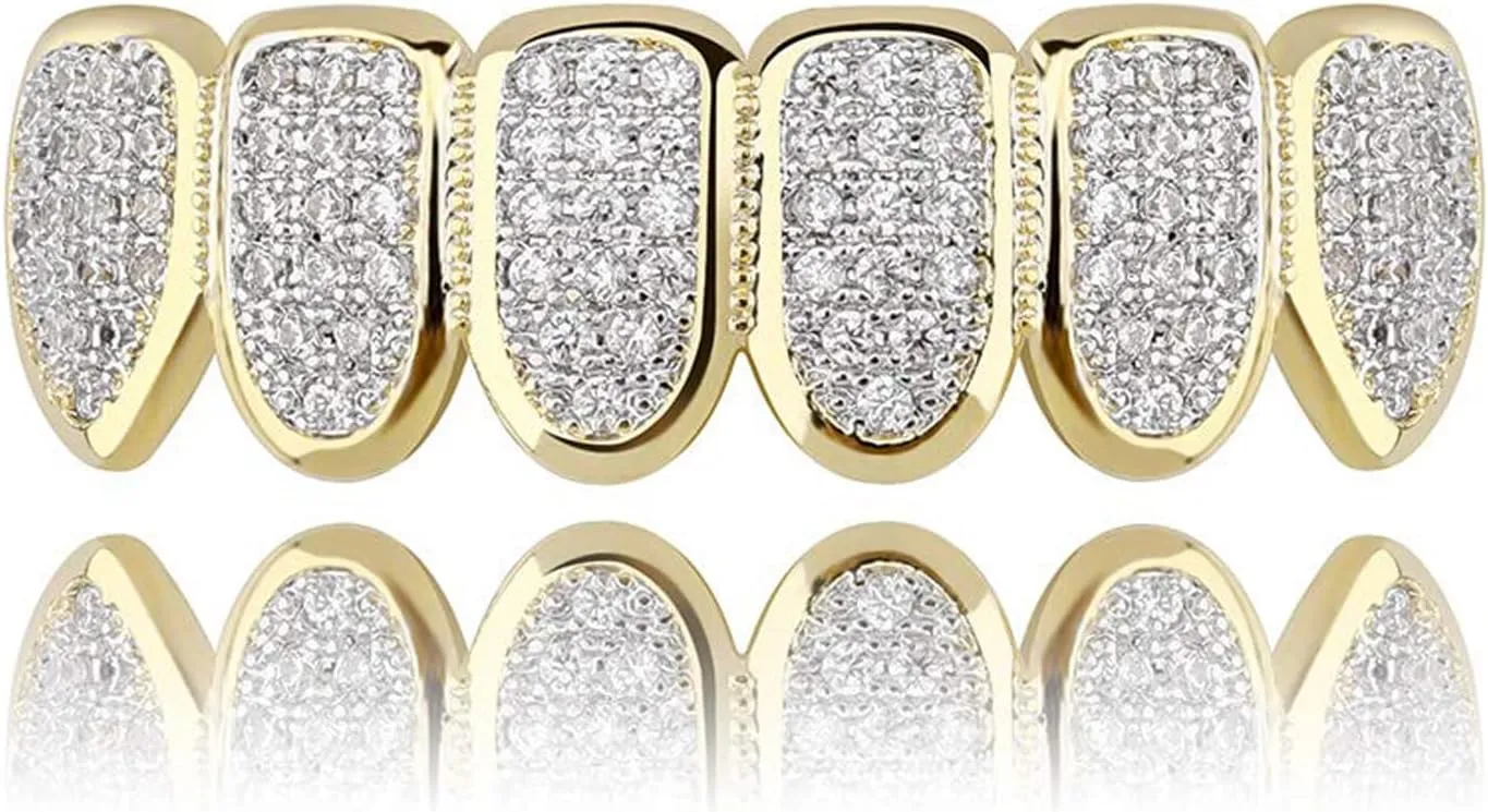 JINAO Grillz Grills for Your Teeth Simulated Diamond Teeth Grillz with Extra Molding Bars Included 18K Gold Plated All Iced Out Cubic Zirconia Golden Teeth for Men Women