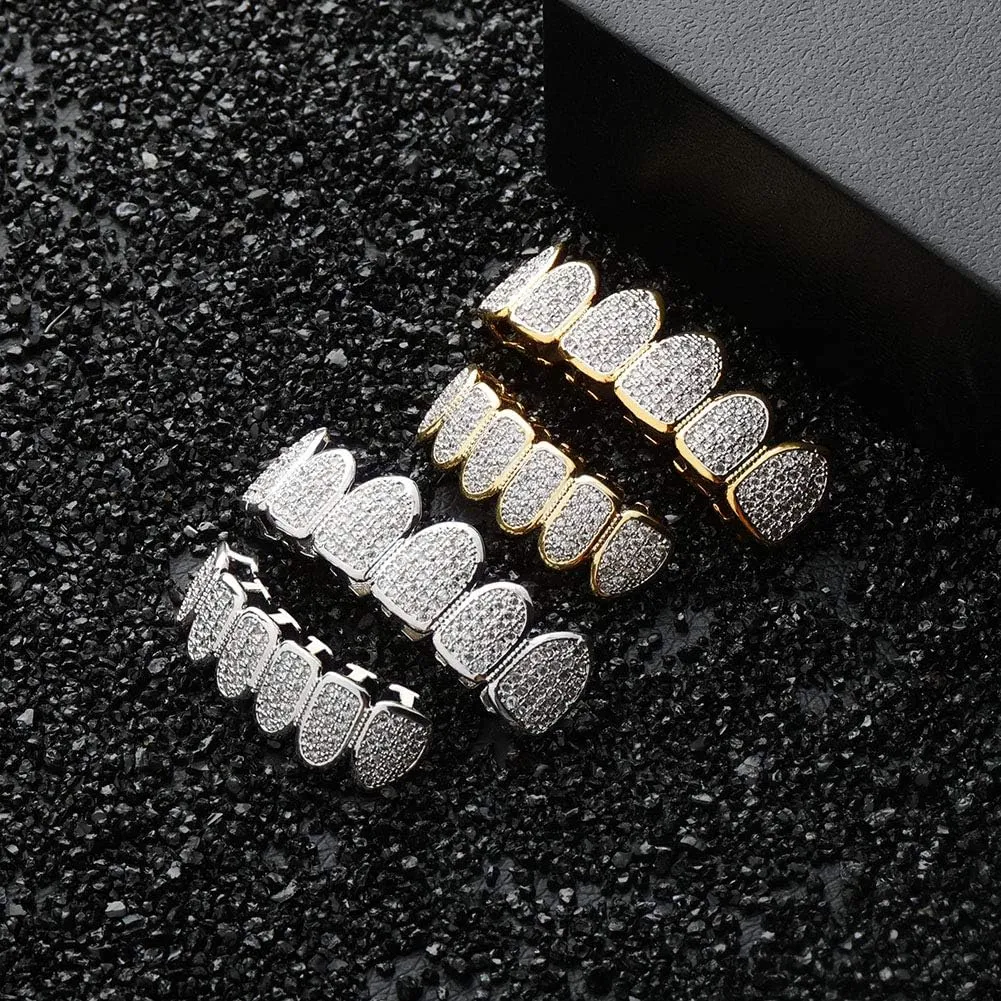 JINAO Grillz Grills for Your Teeth Simulated Diamond Teeth Grillz with Extra Molding Bars Included 18K Gold Plated All Iced Out Cubic Zirconia Golden Teeth for Men Women