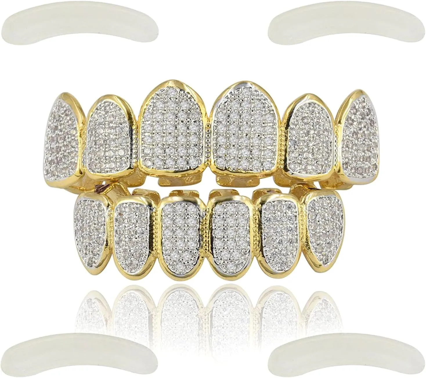 JINAO Grillz Grills for Your Teeth Simulated Diamond Teeth Grillz with Extra Molding Bars Included 18K Gold Plated All Iced Out Cubic Zirconia Golden Teeth for Men Women