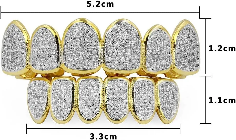 JINAO Grillz Grills for Your Teeth Simulated Diamond Teeth Grillz with Extra Molding Bars Included 18K Gold Plated All Iced Out Cubic Zirconia Golden Teeth for Men Women