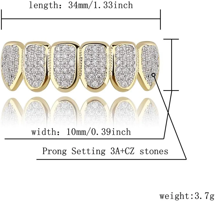 JINAO Grillz Grills for Your Teeth Simulated Diamond Teeth Grillz with Extra Molding Bars Included 18K Gold Plated All Iced Out Cubic Zirconia Golden Teeth for Men Women