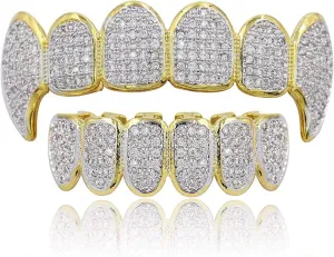 JINAO Grillz Grills for Your Teeth Simulated Diamond Teeth Grillz with Extra Molding Bars Included 18K Gold Plated All Iced Out Cubic Zirconia Golden Teeth for Men Women(Golden Vampire Teeth Set)