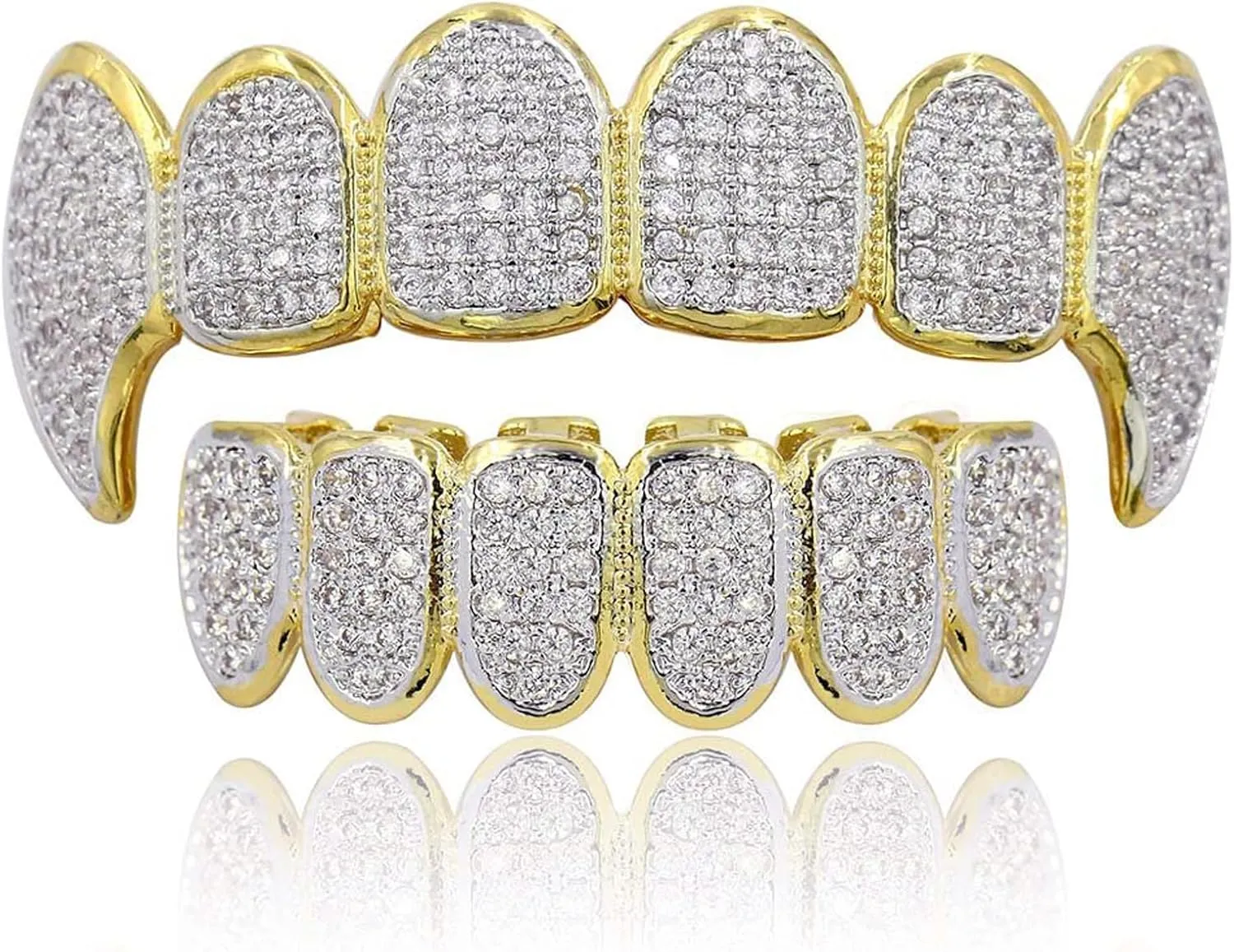 JINAO Grillz Grills for Your Teeth Simulated Diamond Teeth Grillz with Extra Molding Bars Included 18K Gold Plated All Iced Out Cubic Zirconia Golden Teeth for Men Women(Golden Vampire Teeth Set)