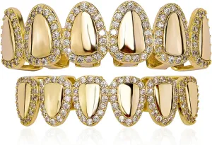 JINAO Hip Hop Grillz Iced Out Cubic Zirconia Top and Bottom Mouth Grills for Your Teeth 14K Gold Plated Grill Set for Men Women