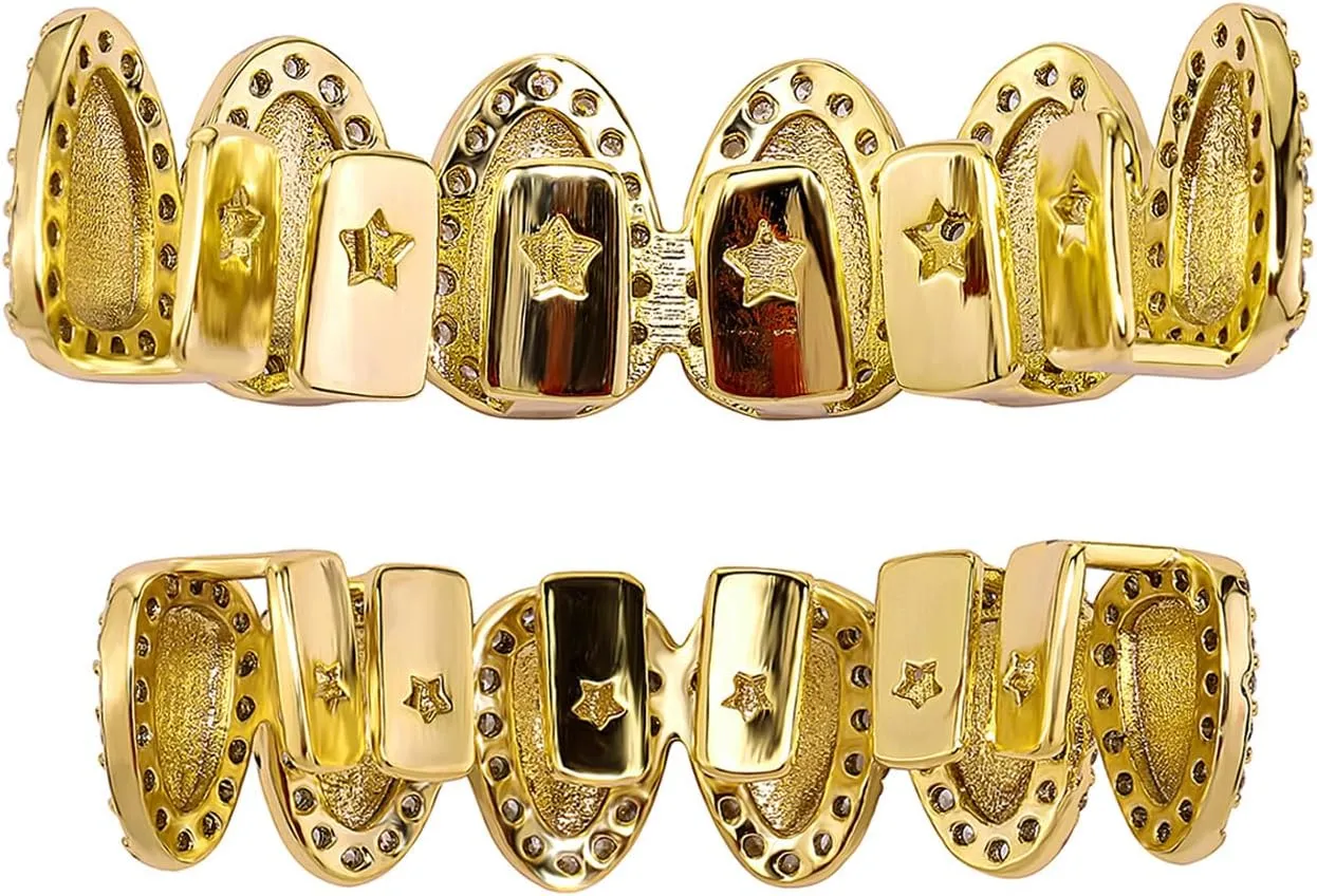 JINAO Hip Hop Grillz Iced Out Cubic Zirconia Top and Bottom Mouth Grills for Your Teeth 14K Gold Plated Grill Set for Men Women