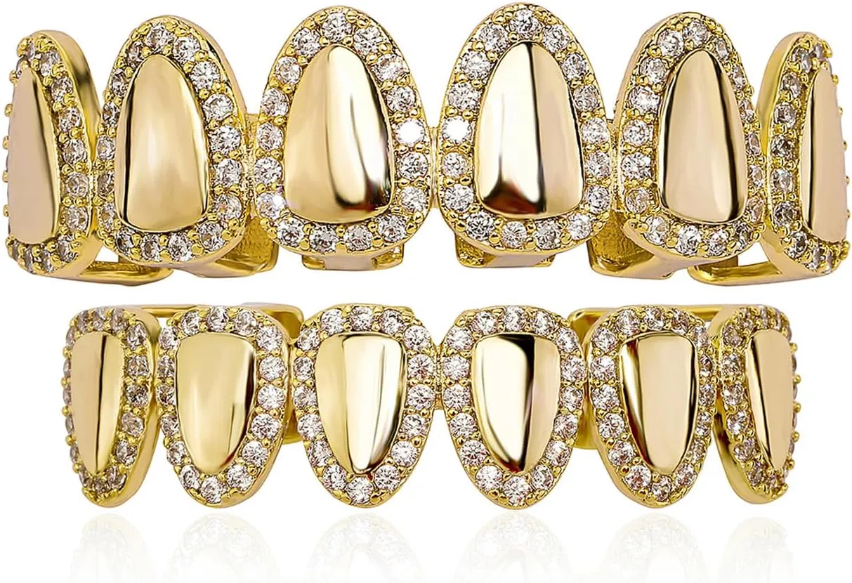 JINAO Hip Hop Grillz Iced Out Cubic Zirconia Top and Bottom Mouth Grills for Your Teeth 14K Gold Plated Grill Set for Men Women