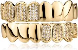 JINAO Hip Hop Half Diamond Top Bottom Grills for Your Teeth 14K Gold Plated Face Iced Out Cubic Zirconia Mouth Grillz for Men Women Fake Teeth Grill with Extra Molding Bars
