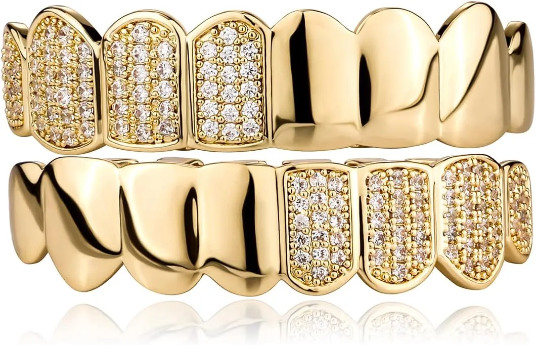 JINAO Hip Hop Half Diamond Top Bottom Grills for Your Teeth 14K Gold Plated Face Iced Out Cubic Zirconia Mouth Grillz for Men Women Fake Teeth Grill with Extra Molding Bars