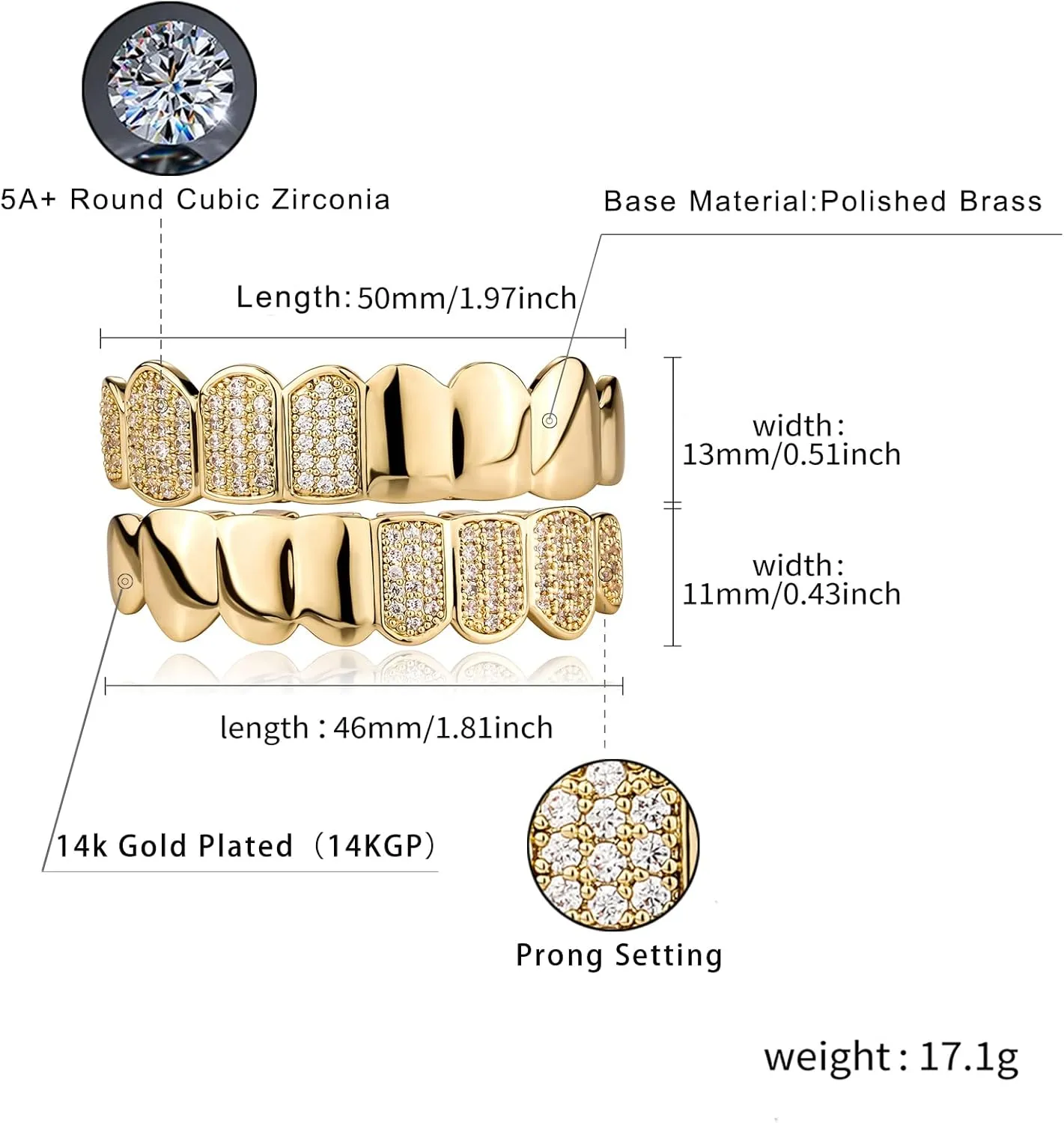 JINAO Hip Hop Half Diamond Top Bottom Grills for Your Teeth 14K Gold Plated Face Iced Out Cubic Zirconia Mouth Grillz for Men Women Fake Teeth Grill with Extra Molding Bars
