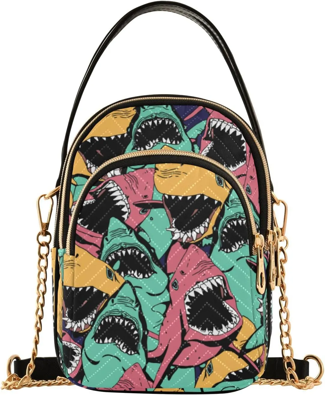 JIPONI Angry Shark Quilted Crossbody Bag for Women, Small Cell Phone Bag Shoulder Handbags Purse with Leather Strap