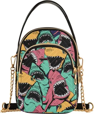 JIPONI Angry Shark Quilted Crossbody Bag for Women, Small Cell Phone Bag Shoulder Handbags Purse with Leather Strap